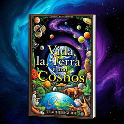 A captivating book cover for a teacher's guide on "Life, Earth, and Cosmos"