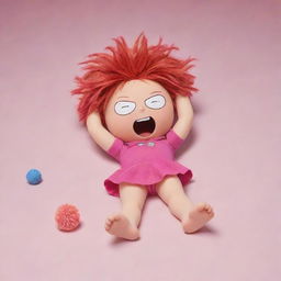 Pompom from Honkai Starail, lying down in a pose reminiscent of a comedic Family Guy death scene, with a cartoonish gunshot effect added.