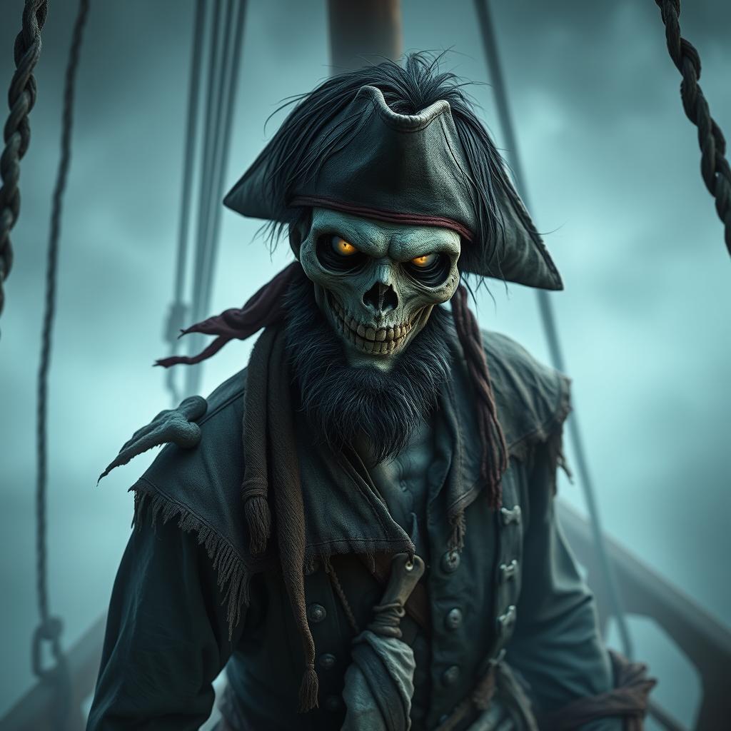 An undead male pirate with short black hair and a short pointy beard, no hat, featuring glowing eyes