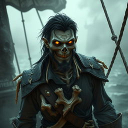 An undead male pirate with short black hair and a short pointy beard, no hat, featuring glowing eyes