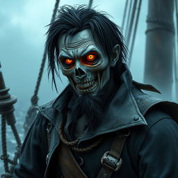 An undead male pirate with short black hair and a short pointy beard, no hat, featuring glowing eyes