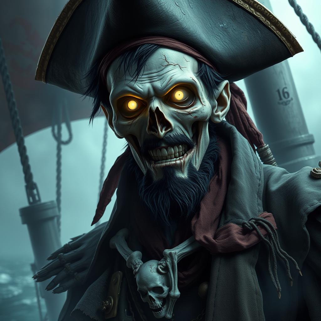 An undead male pirate with short black hair and a short pointy beard, no hat, featuring glowing eyes