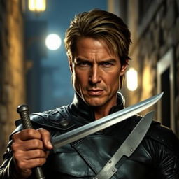 An exciting portrayal of Tom Cruise as a rogue, dressed in sleek, dark leather armor that enhances his agile physique