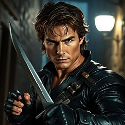 An exciting portrayal of Tom Cruise as a rogue, dressed in sleek, dark leather armor that enhances his agile physique