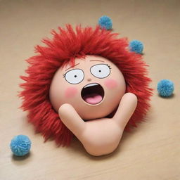 Pompom from Honkai Starail, lying down in a pose reminiscent of a comedic Family Guy death scene, with a cartoonish gunshot effect added.