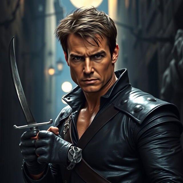 An exciting portrayal of Tom Cruise as a rogue, dressed in sleek, dark leather armor that enhances his agile physique