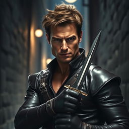 An exciting portrayal of Tom Cruise as a rogue, dressed in sleek, dark leather armor that enhances his agile physique