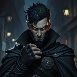 An evil male rogue with short black hair and a short pointy beard, no hat, featuring glowing eyes