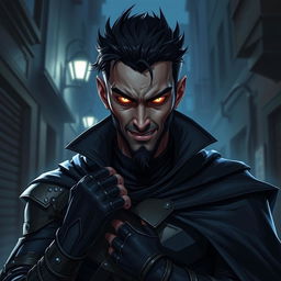 An evil male rogue with short black hair and a short pointy beard, no hat, featuring glowing eyes