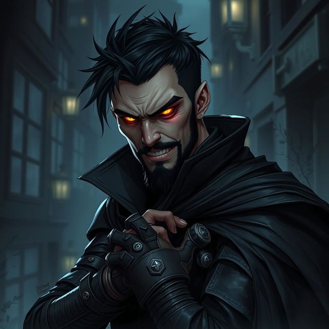 An evil male rogue with short black hair and a short pointy beard, no hat, featuring glowing eyes