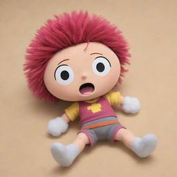 Pompom from Honkai Starail, lying down in a pose reminiscent of a comedic Family Guy death scene, with a cartoonish gunshot effect added.