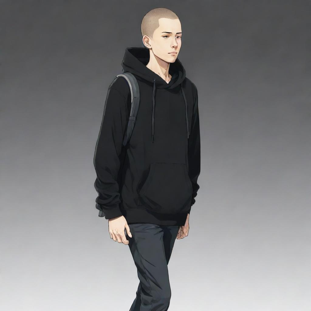 Anime style illustration of a tall, light-skinned man walking with a camera around his neck, dressed in a black hoodie.