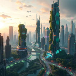 Aetherpunk cityscape combining futuristic architecture with natural elements, towering skyscrapers with cascading greenery and reflective neon lights, vibrant air traffic above and serene parks below