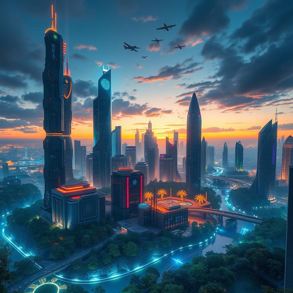 Aetherpunk cityscape combining futuristic architecture with natural elements, towering skyscrapers with cascading greenery and reflective neon lights, vibrant air traffic above and serene parks below