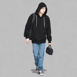 Anime style illustration of a tall, light-skinned man walking with a camera around his neck, dressed in a black hoodie.