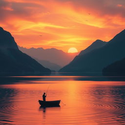 A dreamlike landscape featuring a serene lake surrounded by towering mountains bathed in the warm glow of a setting sun