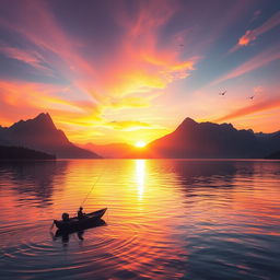 A dreamlike landscape featuring a serene lake surrounded by towering mountains bathed in the warm glow of a setting sun