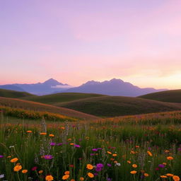 a serene landscape with rolling hills covered in vibrant wildflowers under a soft purple and pink sunset sky