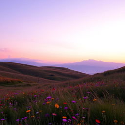 a serene landscape with rolling hills covered in vibrant wildflowers under a soft purple and pink sunset sky