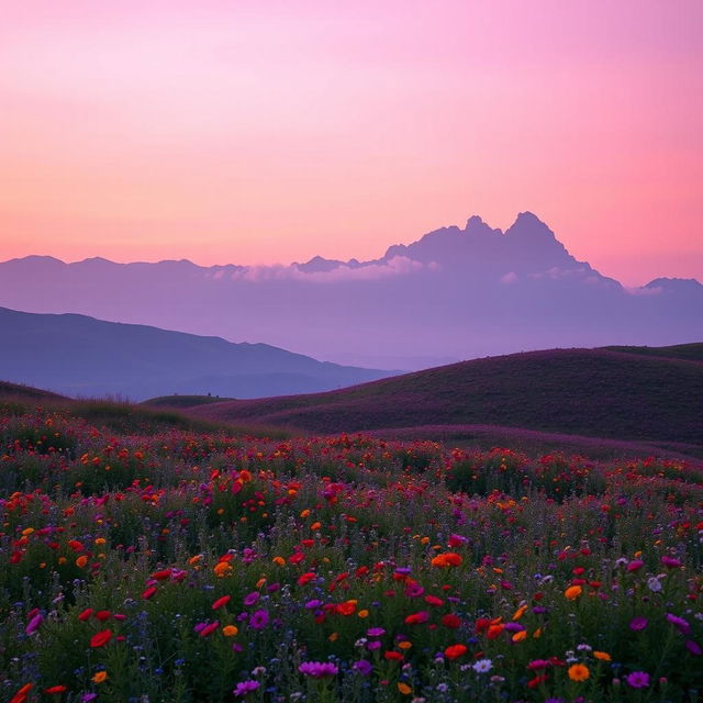 a serene landscape with rolling hills covered in vibrant wildflowers under a soft purple and pink sunset sky