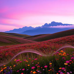 a serene landscape with rolling hills covered in vibrant wildflowers under a soft purple and pink sunset sky