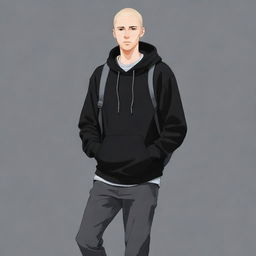 Anime style illustration of a tall, light-skinned man walking with a camera around his neck, dressed in a black hoodie.