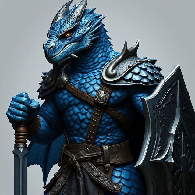 A full-body depiction of a male chromatic dragonborn paladin