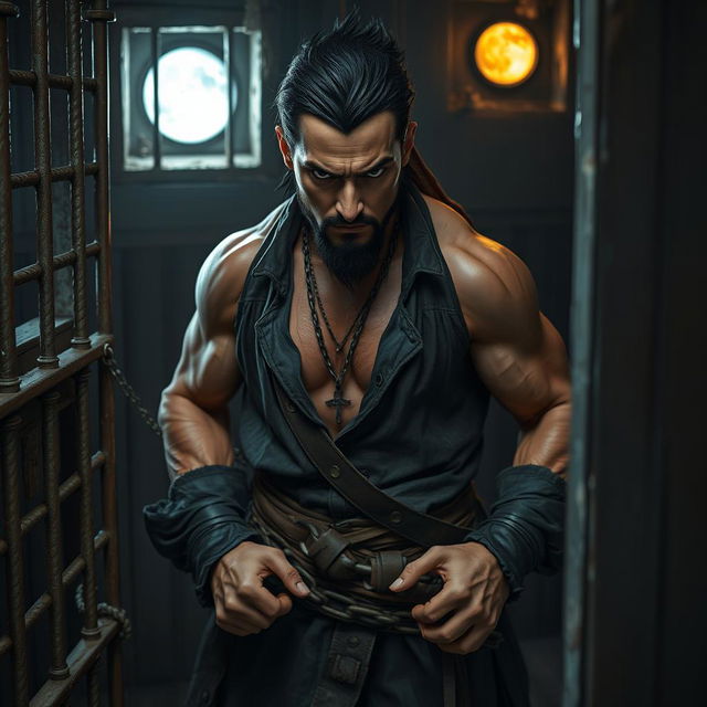 An evil male pirate with short black hair and a short pointy beard stands imprisoned on a ship