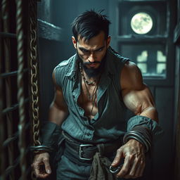 An evil male pirate with short black hair and a short pointy beard stands imprisoned on a ship