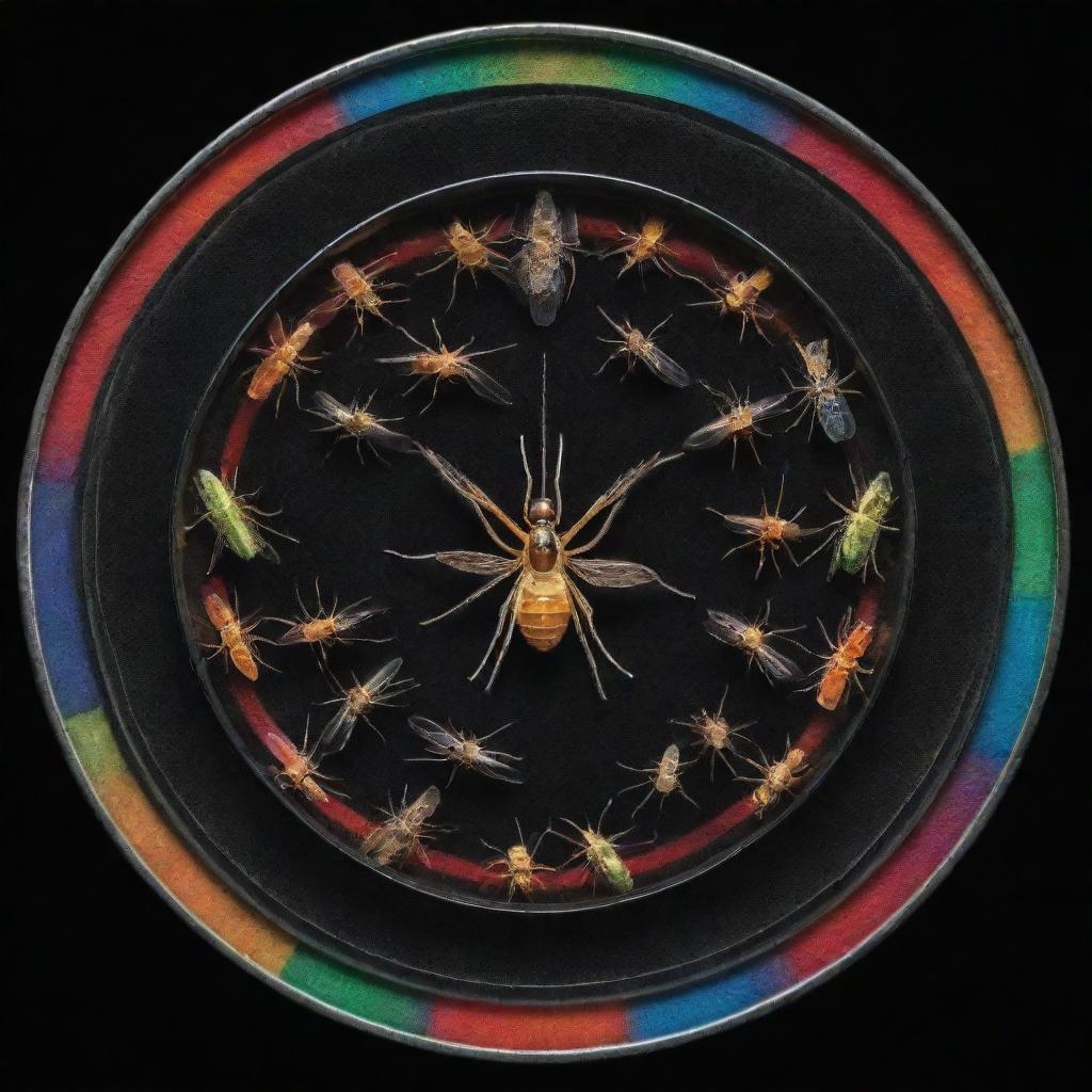 A colorful roulette wheel displaying various species of mosquitoes in each slot, all set against a dark, mysterious background.