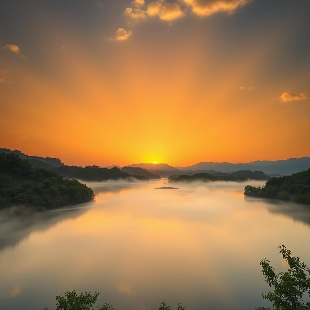 A radiant sunrise casting golden hues over a serene landscape