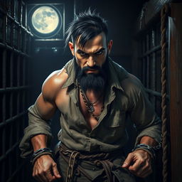 An evil male pirate with short black hair and a short pointy beard stands imprisoned on a ship