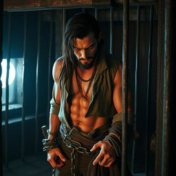 An evil male pirate with short black hair and a short pointy beard stands imprisoned on a ship