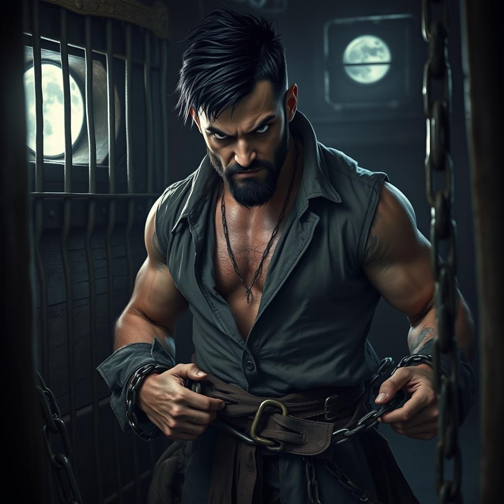 An evil male pirate with short black hair and a short pointy beard stands imprisoned on a ship