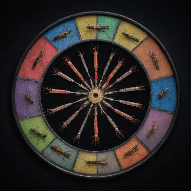 A colorful roulette wheel displaying various species of mosquitoes in each slot, all set against a dark, mysterious background.