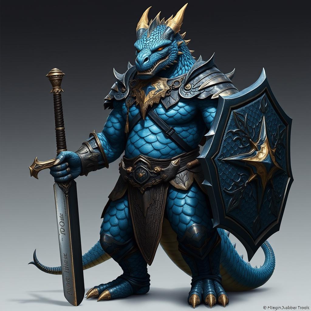 A full-body depiction of a male chromatic dragonborn paladin