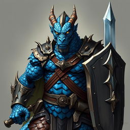 A full-body illustration of a male chromatic dragonborn paladin, featuring striking blue scales that accentuate his chaotic good alignment