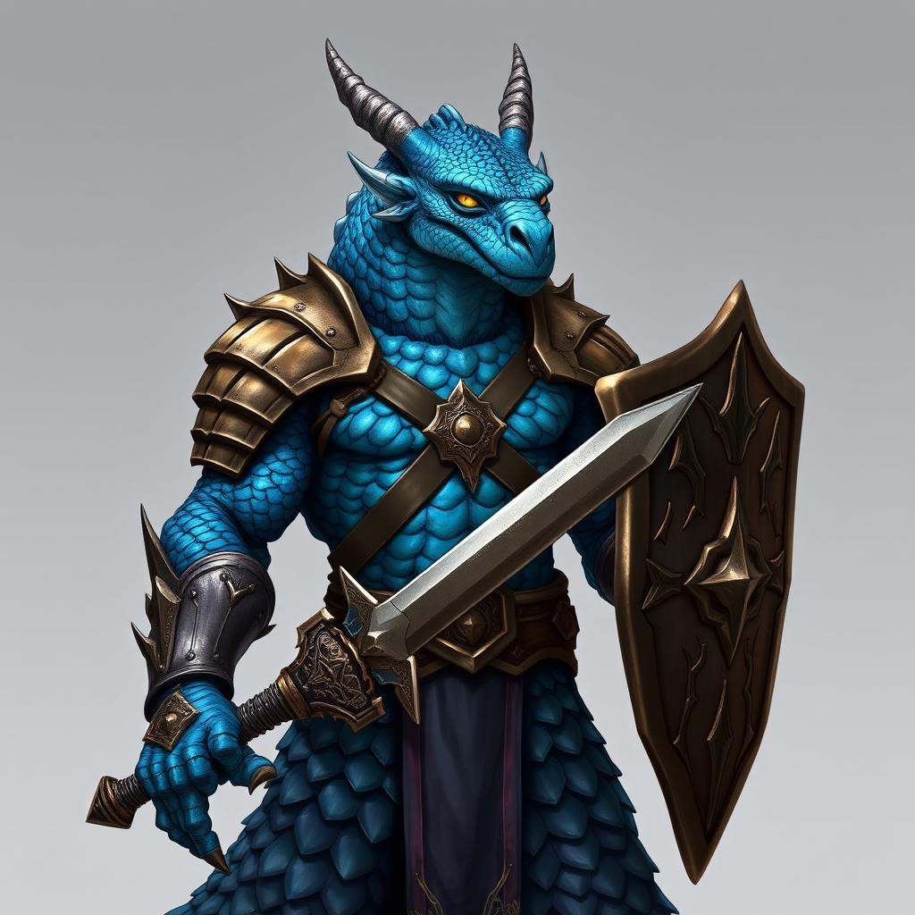 A full-body illustration of a male chromatic dragonborn paladin, featuring striking blue scales that accentuate his chaotic good alignment