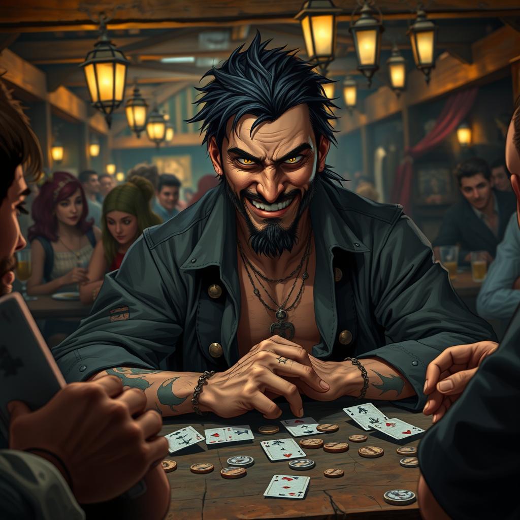 An evil male pirate with short black hair and a short pointy beard sits at a table in a bustling tavern, engaging in a heated game of cards