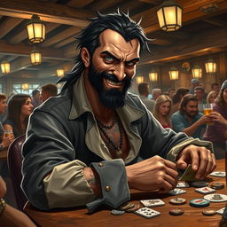 An evil male pirate with short black hair and a short pointy beard sits at a table in a bustling tavern, engaging in a heated game of cards