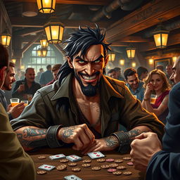 An evil male pirate with short black hair and a short pointy beard sits at a table in a bustling tavern, engaging in a heated game of cards