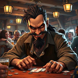 An evil male pirate with short black hair and a short pointy beard sits at a table in a bustling tavern, engaging in a heated game of cards