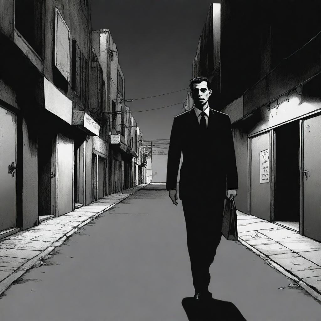 A character in a sharp suit walking down a dark, atmospheric street in Iran, rendered in a monochromatic comic book style.