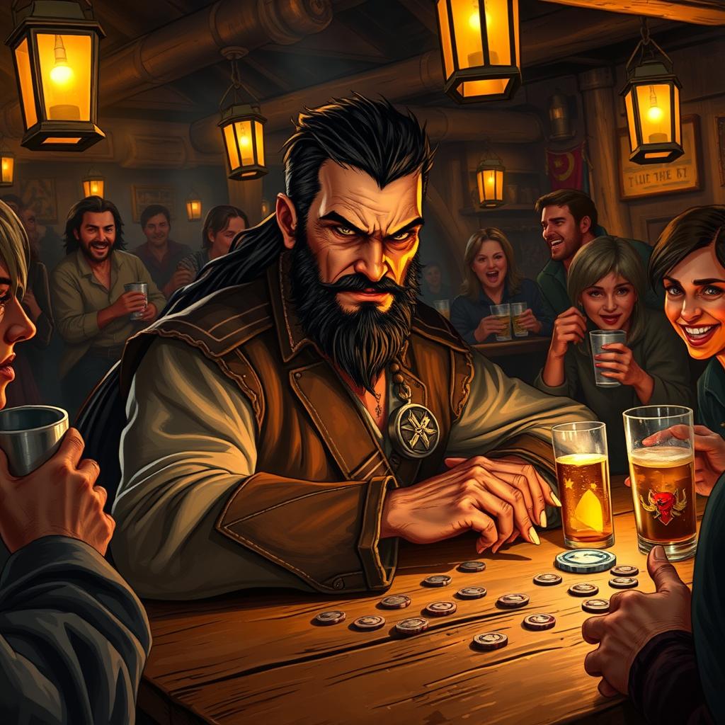 An evil male pirate with short black hair and a short pointy beard sits confidently at a rustic table in a lively tavern, deeply engaged in a game of chance