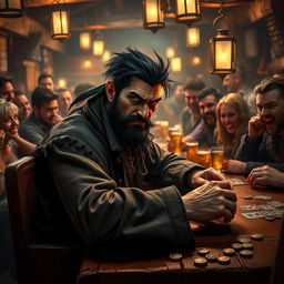 An evil male pirate with short black hair and a short pointy beard sits confidently at a rustic table in a lively tavern, deeply engaged in a game of chance