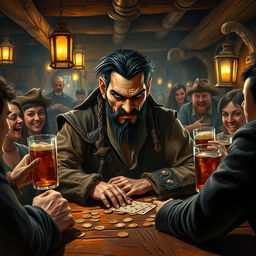 An evil male pirate with short black hair and a short pointy beard sits confidently at a rustic table in a lively tavern, deeply engaged in a game of chance