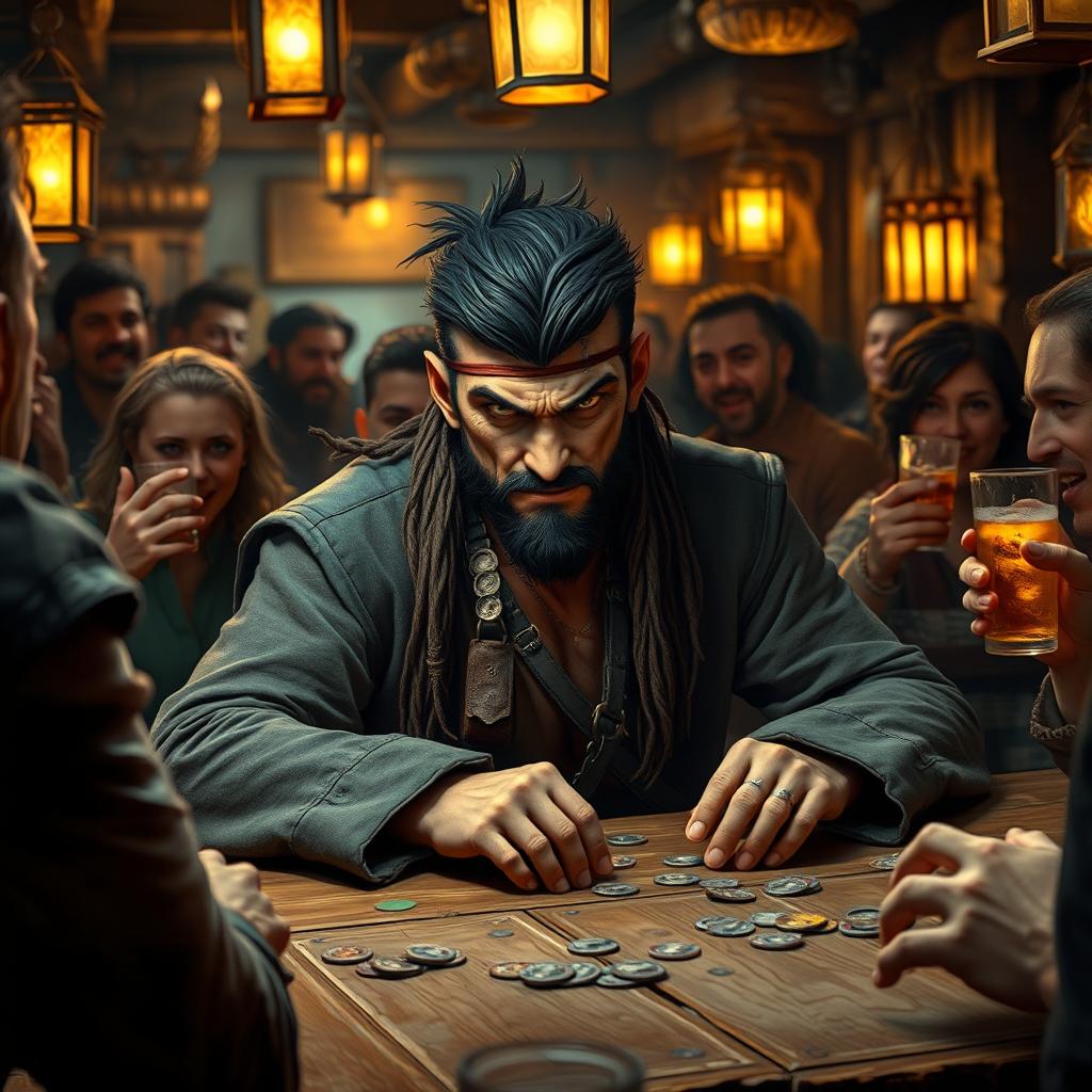 An evil male pirate with short black hair and a short pointy beard sits confidently at a rustic table in a lively tavern, deeply engaged in a game of chance