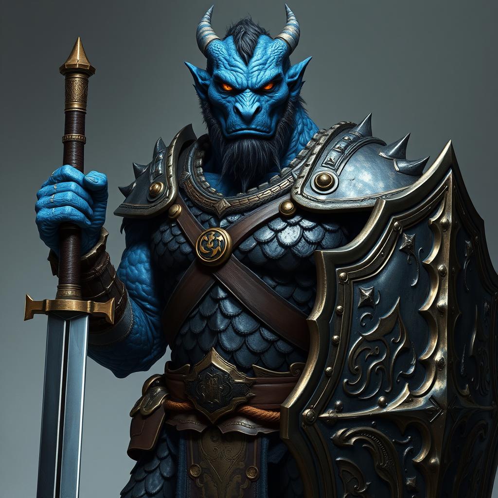 A full-body portrait of a male chromatic dragonborn paladin with blue skin, embodying the seasoned and experienced air of a grizzled war veteran