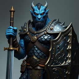 A full-body portrait of a male chromatic dragonborn paladin with blue skin, embodying the seasoned and experienced air of a grizzled war veteran