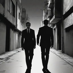 A character in a sharp suit walking down a dark, atmospheric street in Iran, rendered in a monochromatic comic book style.